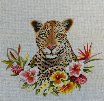 Leopard Front Facing with Tropical Flowers Colors of Praise