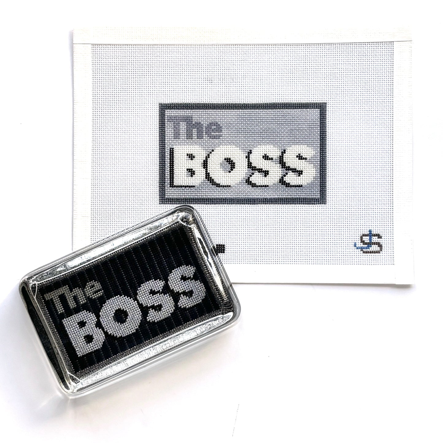 The Boss Paperweight / Ornament Needlepoint Canvas - Grayscale and Bold Letters
