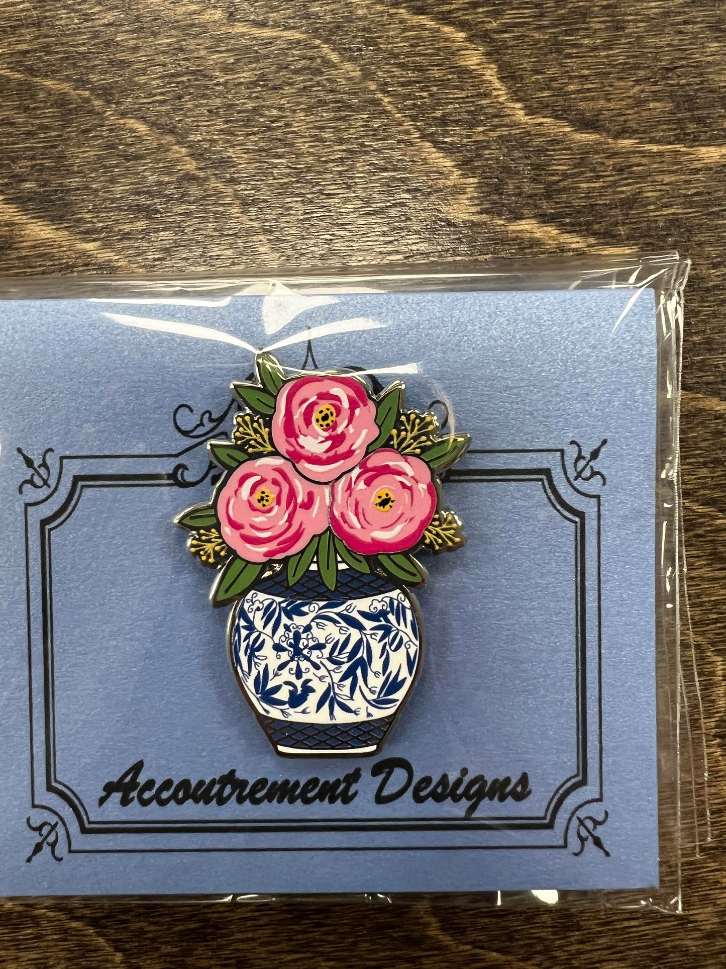 Pink Flowers Blue Vase Needle Minder