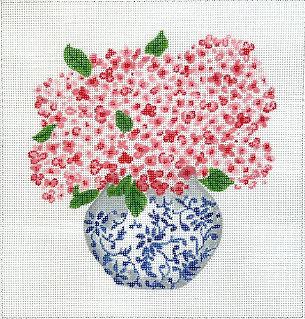 Blue Chinoiserie Pot with Pink Hydrangea 13