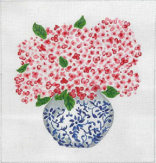 Blue Chinoiserie Pot with Pink Hydrangea 13