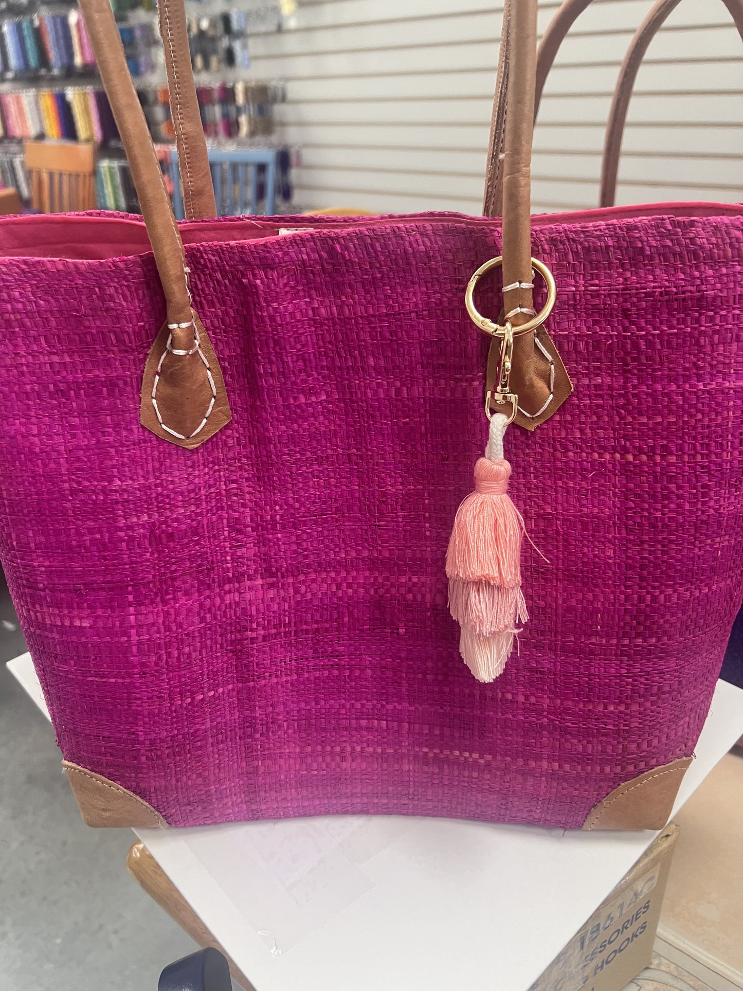 Raffia Tote Medium Raspberry with Tassel
