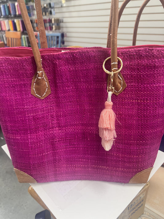 Raffia Tote Medium Raspberry with Tassel