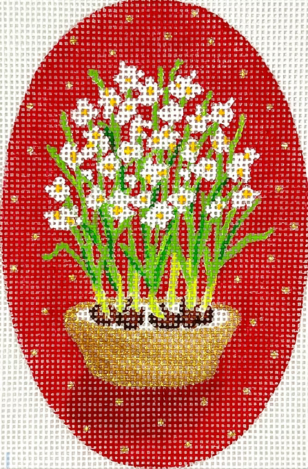 Paperwhites in Gold Bowl on Red with Gold Dots Kate Dickerson